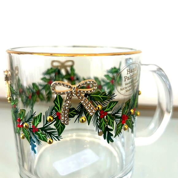 Hand Painted & Jeweled Thick Glass Mug Set of 2 Coquette Christmas Holly & Bows - Picture 2 of 16